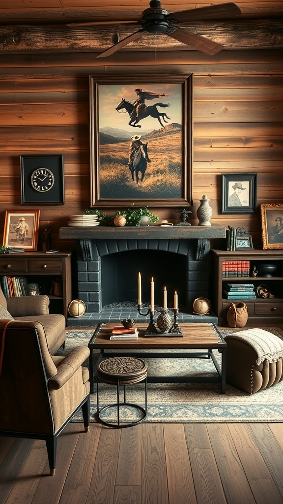 A cozy Western Gothic living room featuring antique cowboy art and rustic decor.