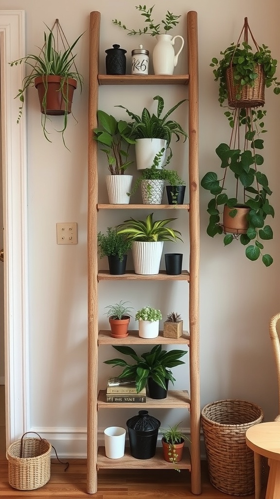 A wooden antique ladder displaying various potted plants and decorative items.
