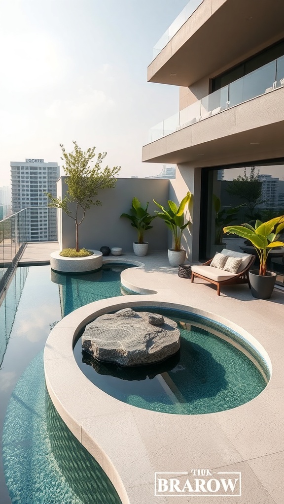 Aquatic-themed rooftop terrace with a winding pool and natural stones.