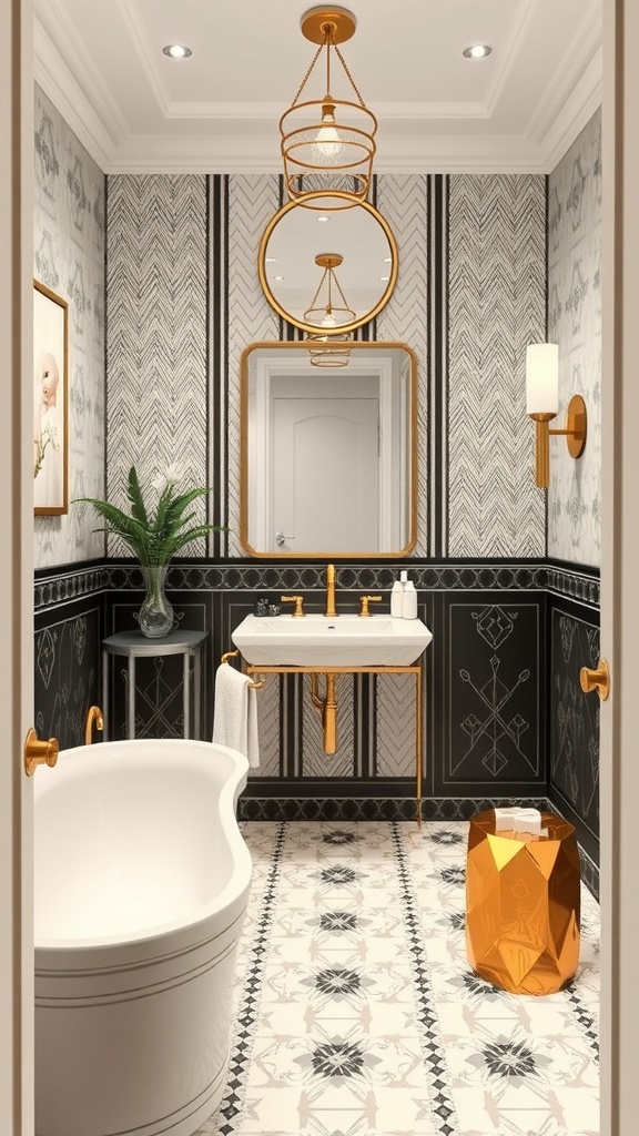 A stylish bathroom featuring Art Deco design elements, including geometric patterns, gold accents, and a luxurious bathtub.