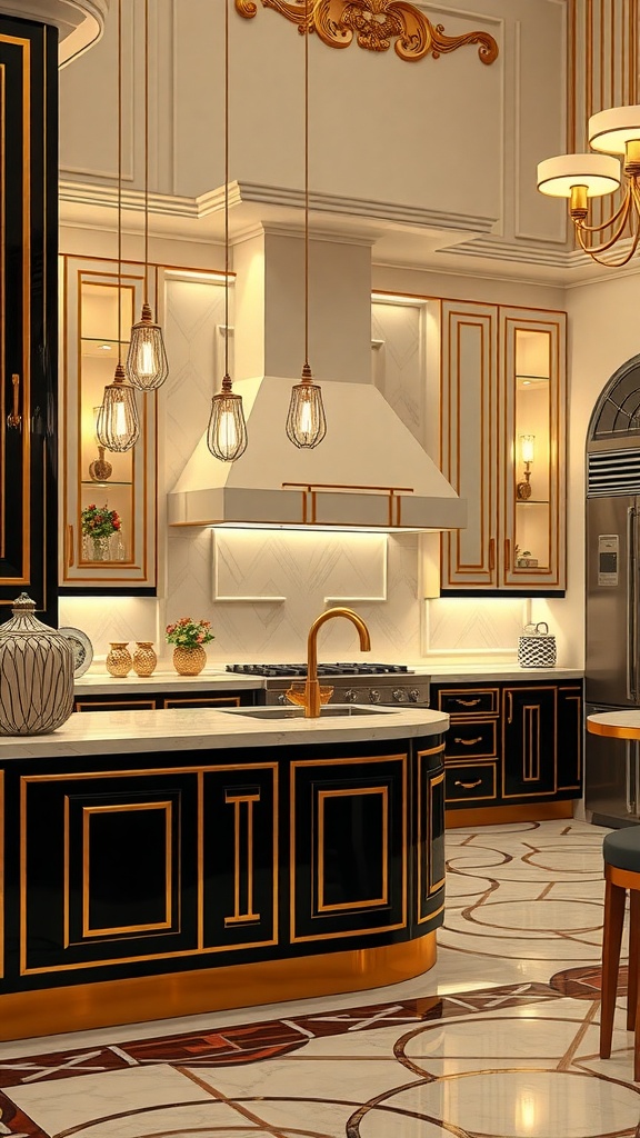 A stylish Art Deco kitchen featuring black cabinets with gold accents, elegant lighting, and a unique window design.