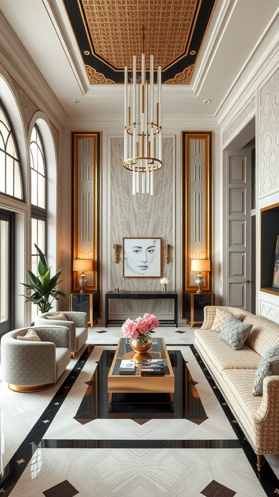 A stylish interior featuring Art Deco elements and contemporary design.
