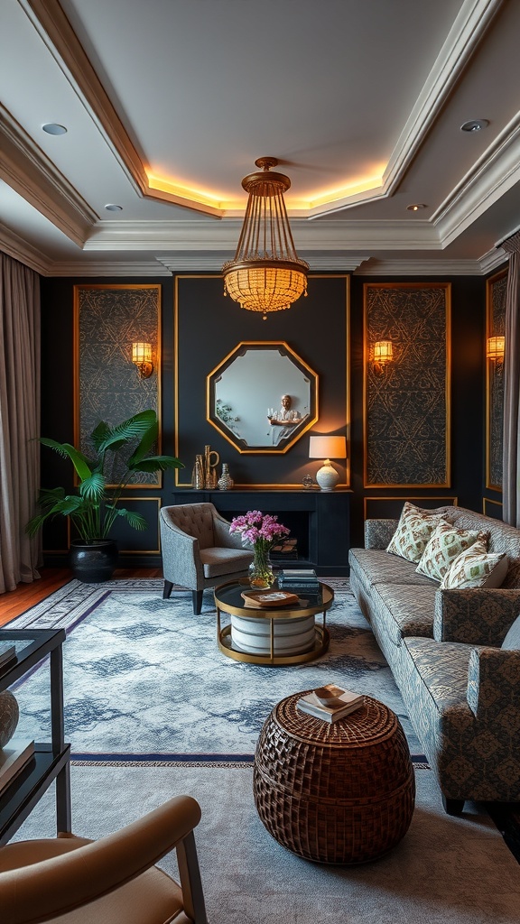 Art Deco inspired living room with elegant chandelier and stylish furniture.