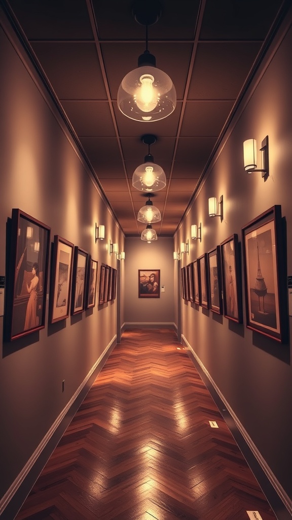 A beautifully lit hallway with framed art on the walls and a polished wooden floor.