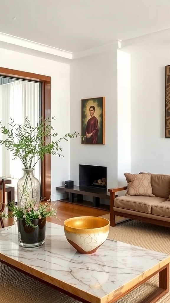A cozy Japanese living room featuring Kintsugi decor with a gold vase and minimalist art.