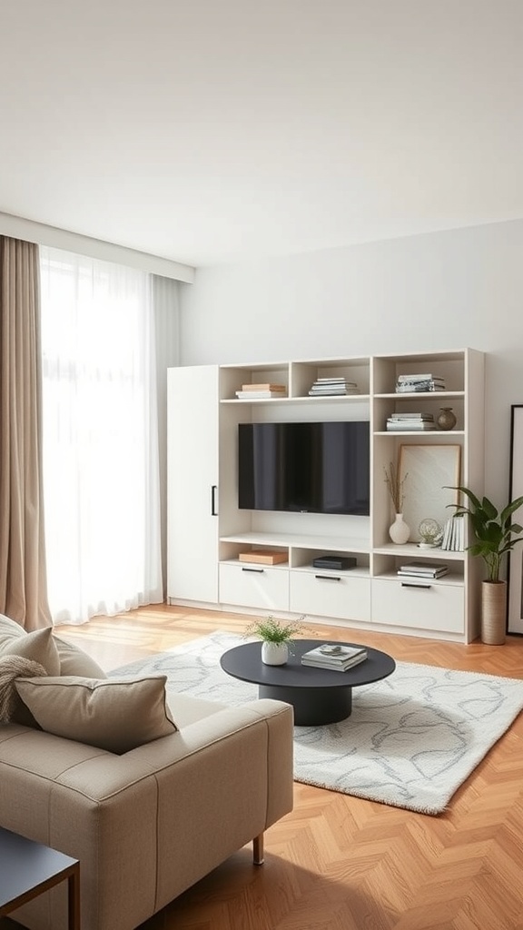 Modern minimalist living room with stylish storage solutions.