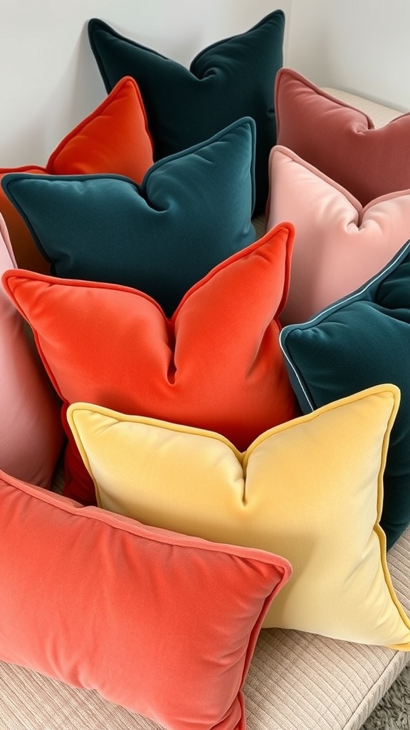 A sofa adorned with artful velvet pillows in various colors.
