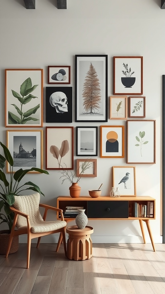 A modern wall display featuring various framed artworks and plants.