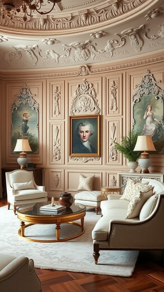 A living room featuring elegant wall paneling with intricate designs, complemented by classic furniture.