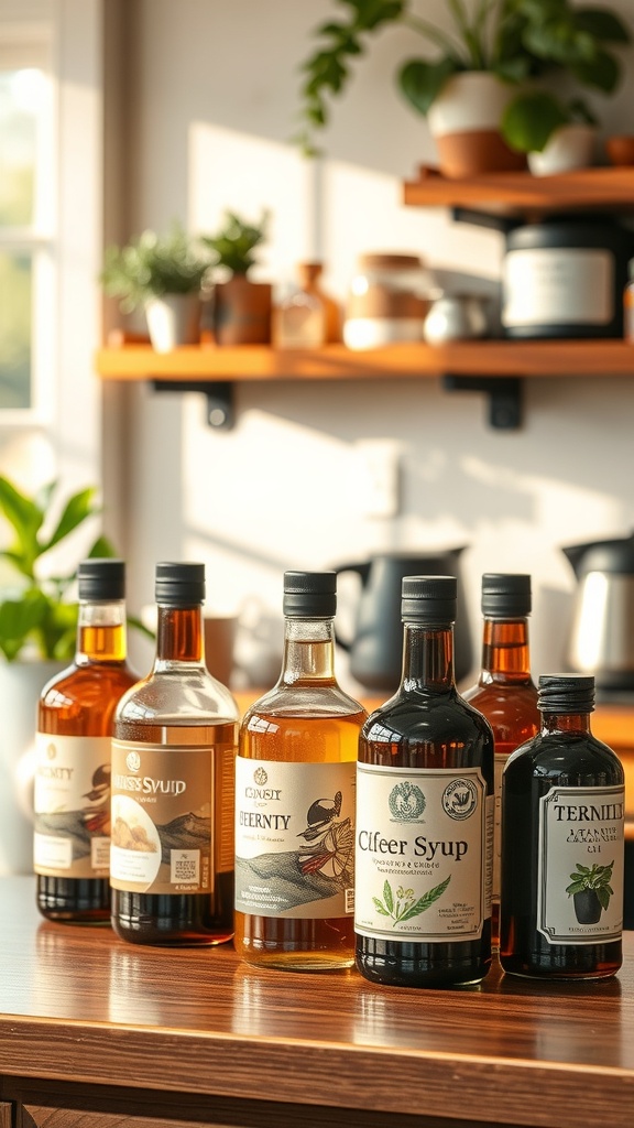 Selection of artisan coffee syrups on a wooden counter with plants in the background.