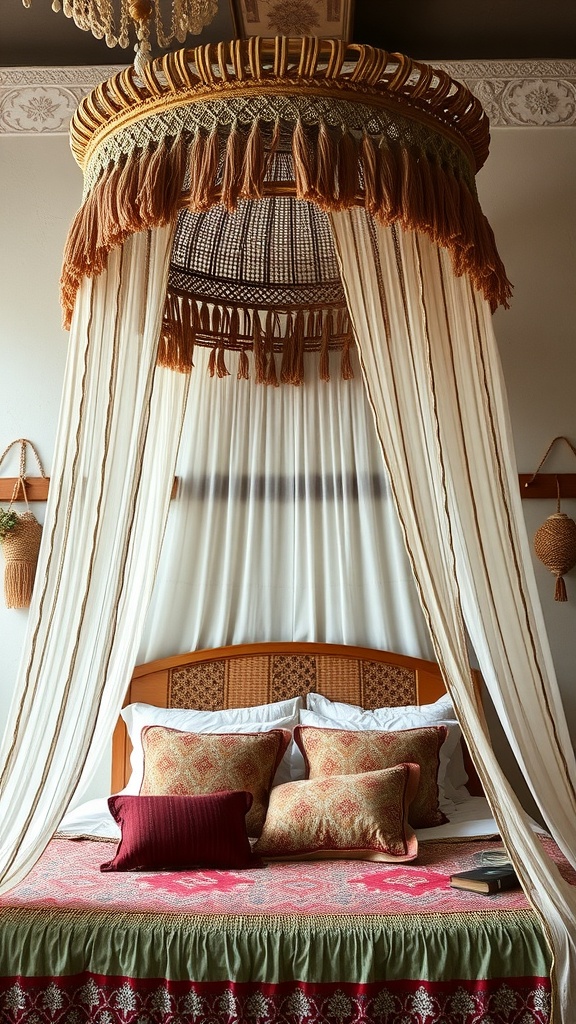 Artisan crafted canopy bed with macramé details and decorative pillows.