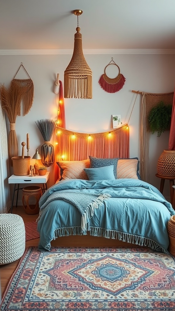 A cozy boho chic bedroom featuring artisan craftsmanship with woven decor and warm lighting.