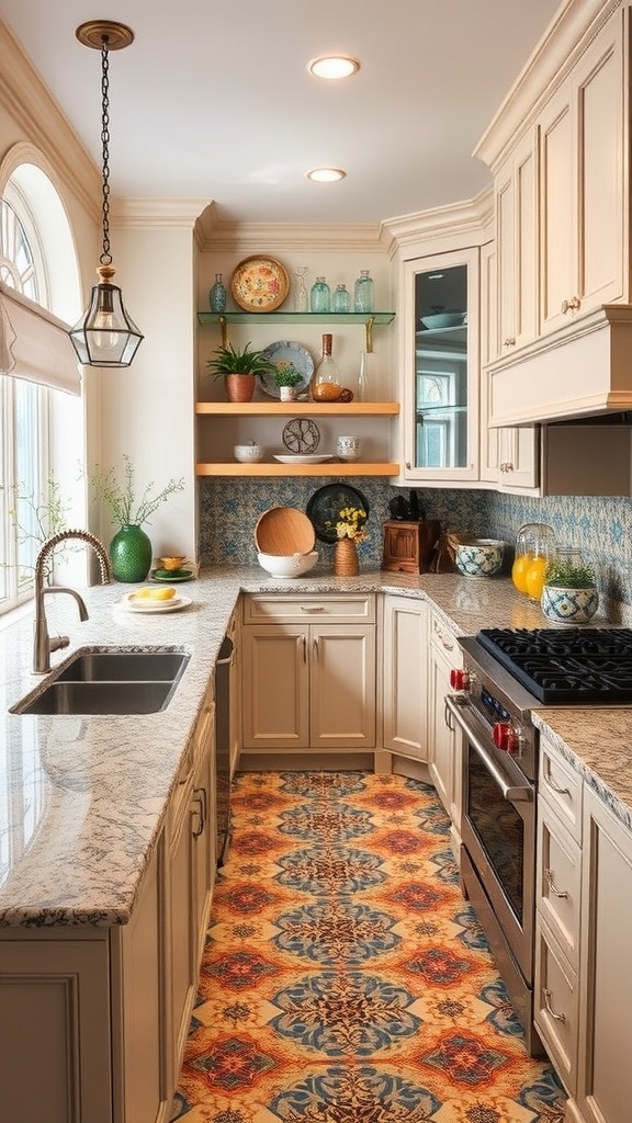 A stylish kitchen featuring artisan handcrafted tile countertops and colorful decor.