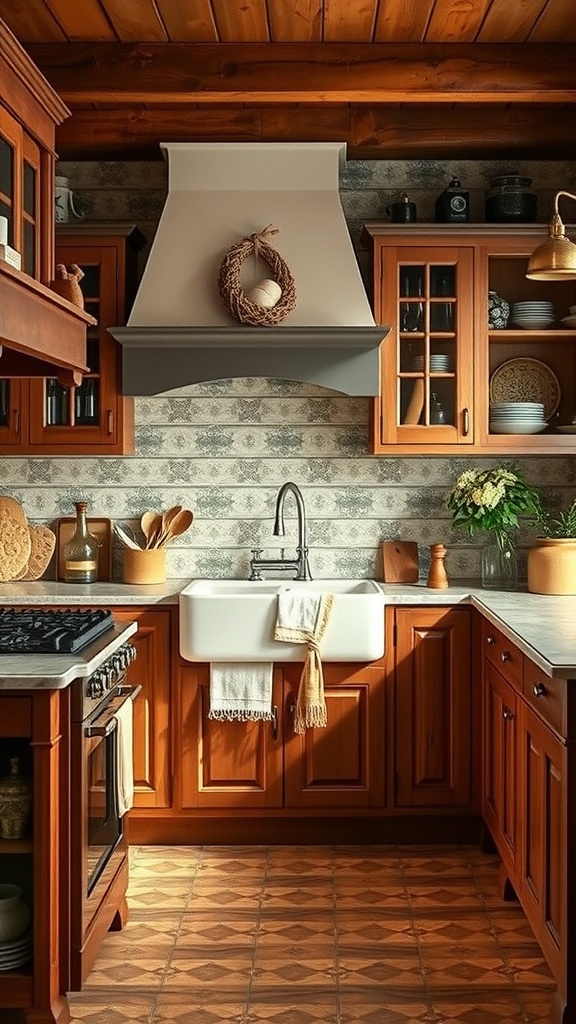 A cozy kitchen featuring handcrafted wooden cabinets, a rustic sink, and decorative accents.