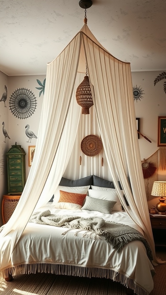 Artistic canopy bed with wall murals in a boho chic bedroom.