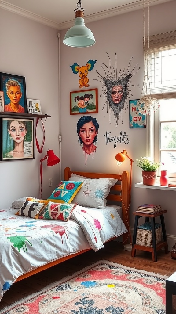 A vibrant bedroom corner with colorful wall art, playful bedding, and decorative items.