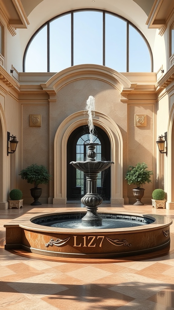 A beautiful fountain in an elegant entryway with large windows and decorative plants.
