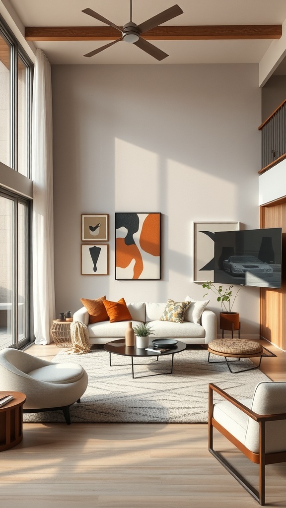 A modern living room with artistic decor and natural light.