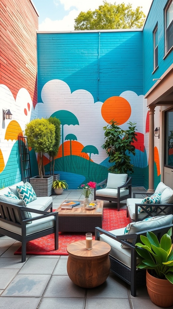 Colorful mural in a courtyard with lounge seating and plants.