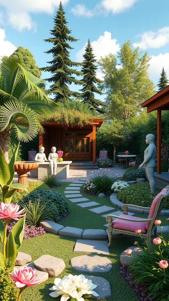 A beautifully designed garden featuring sculptures, flowers, and a winding pathway.