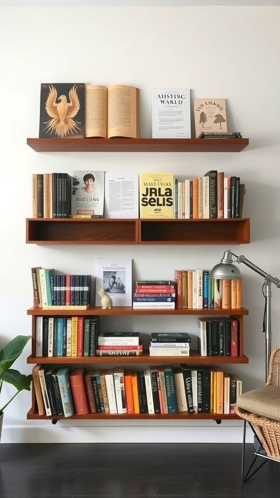 Artistic wall-mounted book display featuring various books and decorative items.