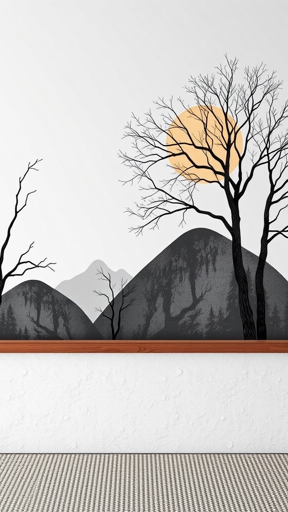 A stylish living room featuring black and white wall art, a dark sofa, and a round coffee table.