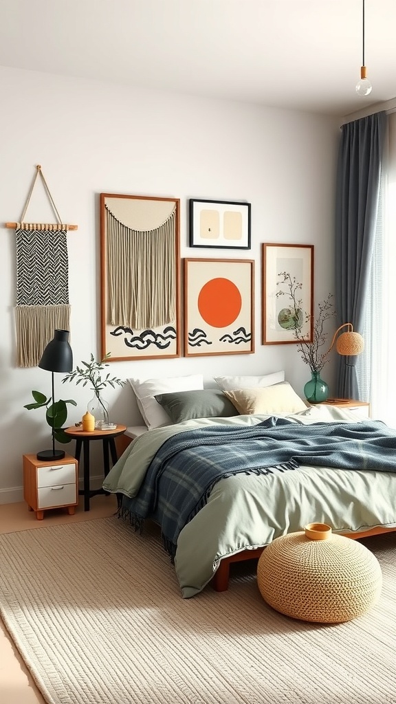 A cozy Japandi bedroom featuring artistic wall hangings, including woven textiles and framed prints.
