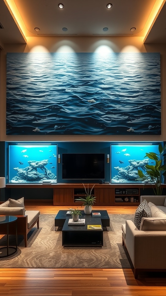 A modern living room featuring a large water-themed wall art above a TV, with aquarium displays on either side.