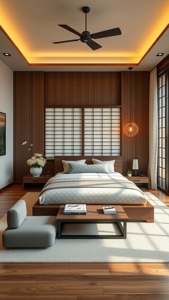 A beautifully designed Japandi bedroom featuring balanced symmetry with natural materials and clean lines.