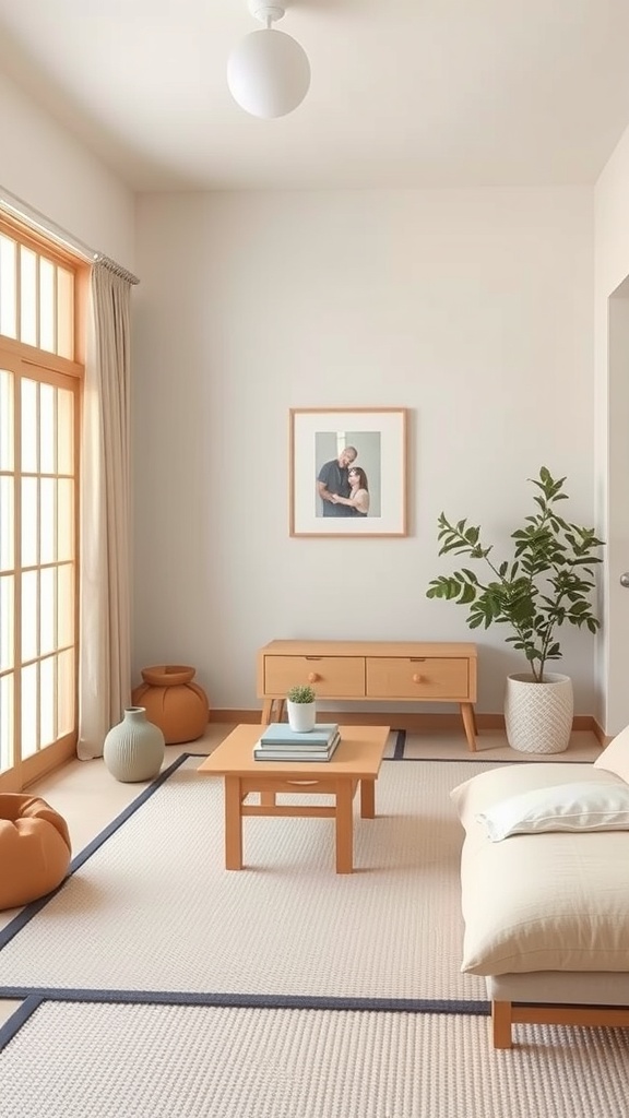 A cozy interior featuring a light color palette, wooden furniture, and plants, showcasing a blend of Scandinavian and Japanese design elements.