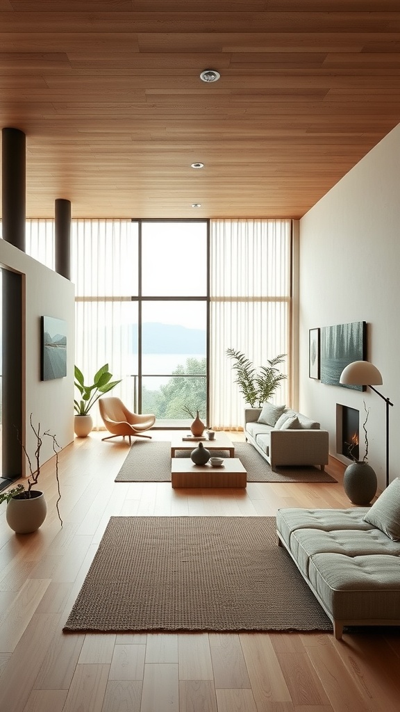 A minimalist interior featuring open and closed spaces with natural light and plants.