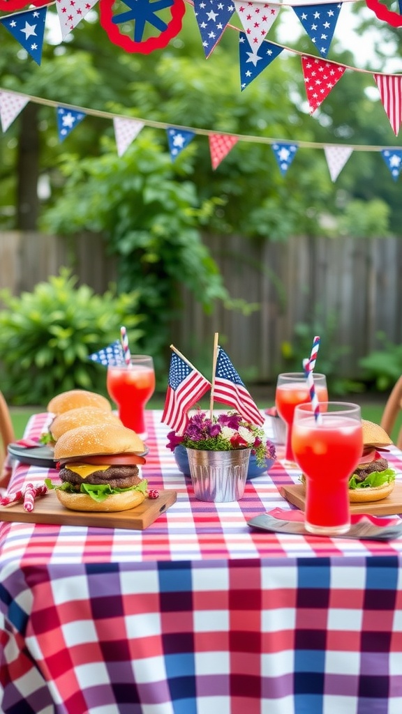 A festive barbecue table setup with burgers, drinks, and patriotic decorations.