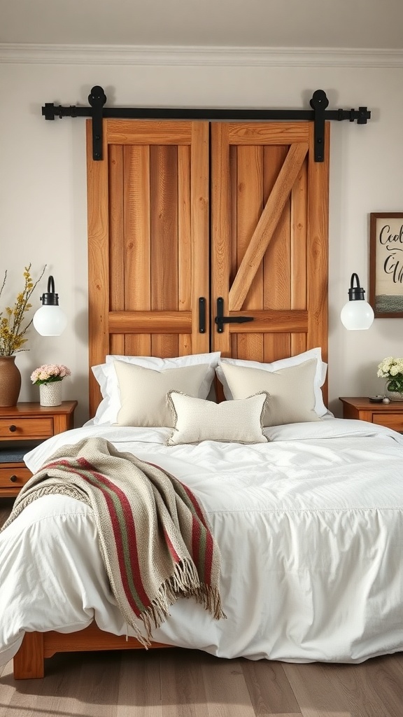 A cozy bedroom featuring a barn door headboard with a white bedspread and decorative pillows.