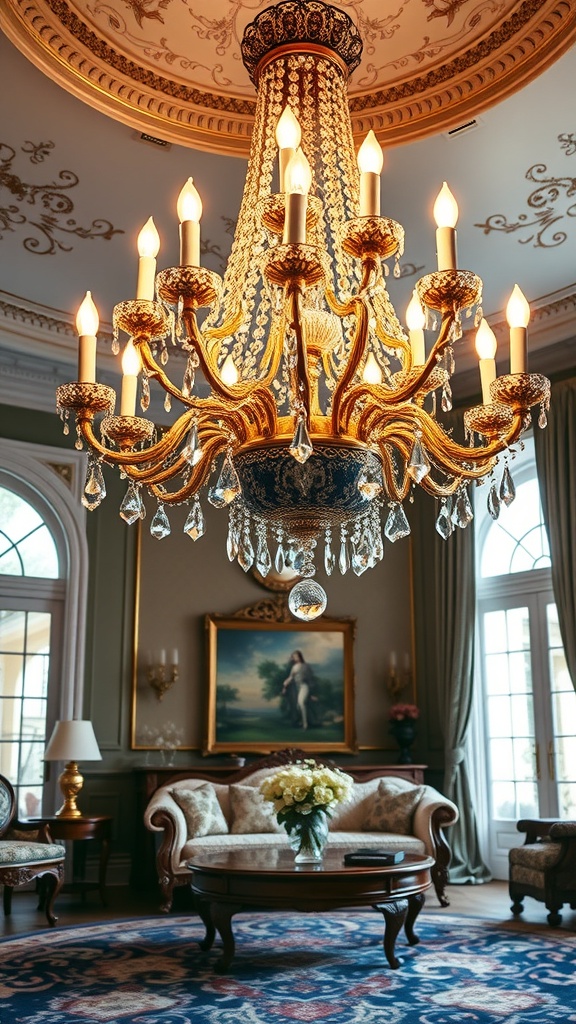 A luxurious living room featuring a grand chandelier with candles, elegant furniture, and classic decor.