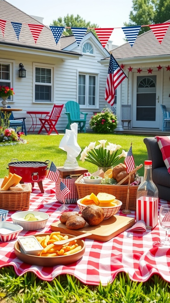 A festive picnic setup with a checkered tablecloth, BBQ grill, and patriotic decorations.
