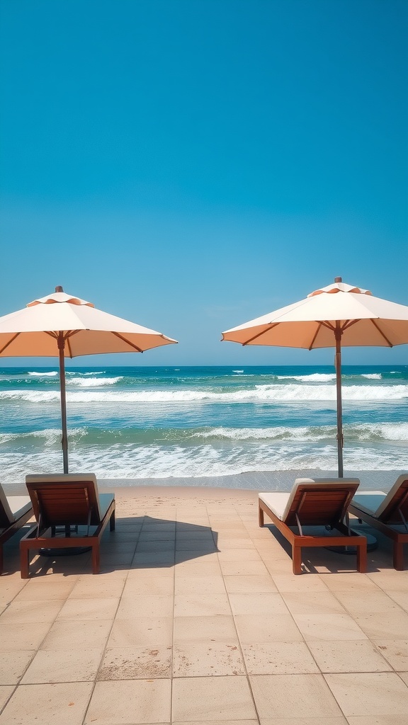 Beachfront seating area with umbrellas and ocean view