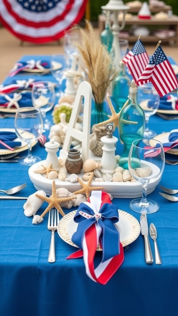 Beach-themed Fourth of July tablescape with blue tablecloth, seashells, and small flags.