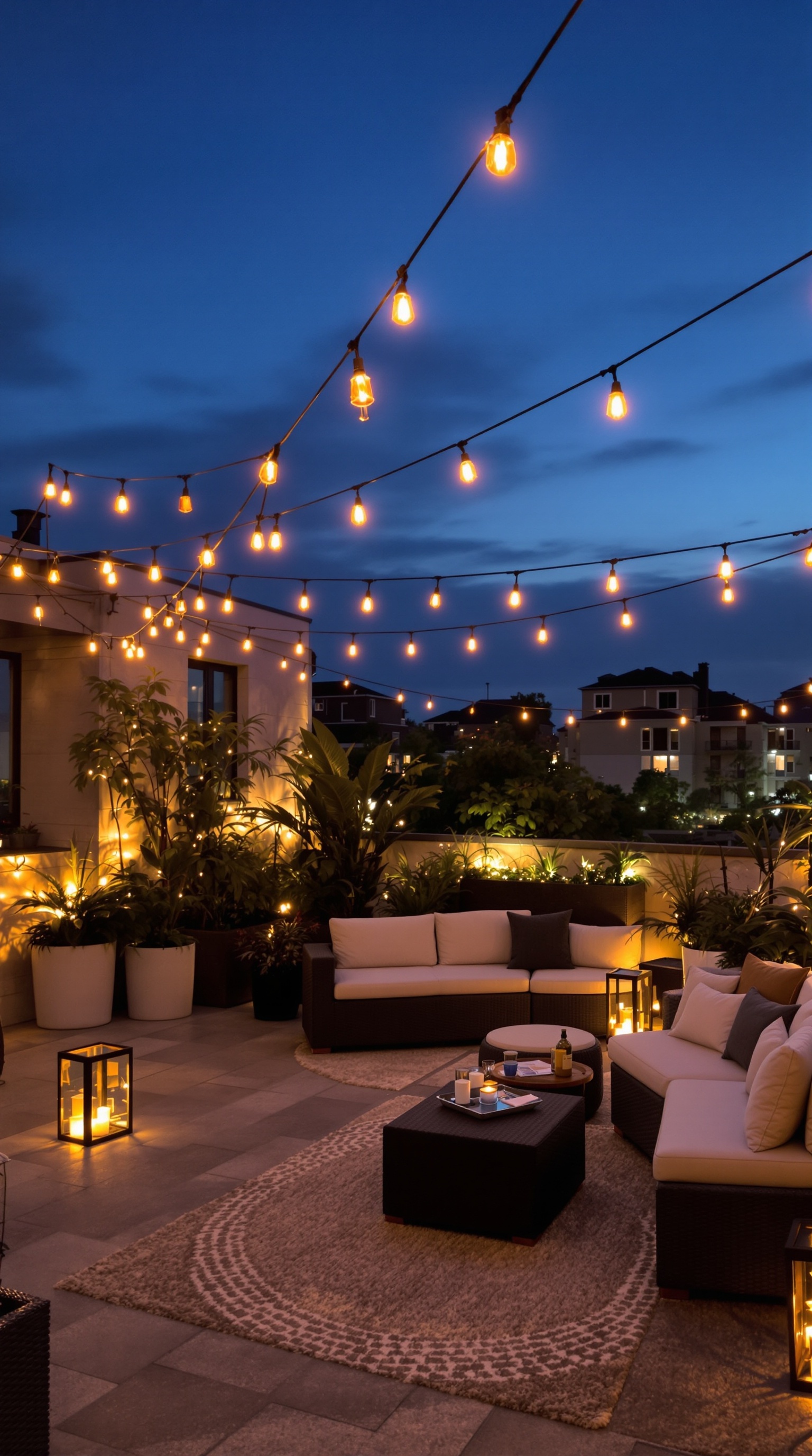 Eine stilvolle Dachterrasse mit Pool, Lichtern und Pflanzen bei Sonnenuntergang