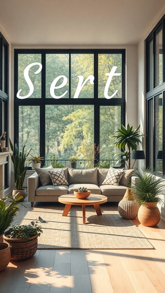 A bright living room with large windows, plants, and a cozy sofa.
