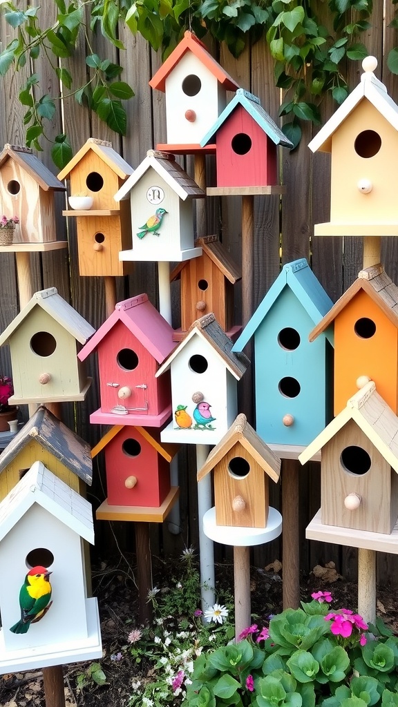 A colorful display of various birdhouses arranged together in a garden setting.