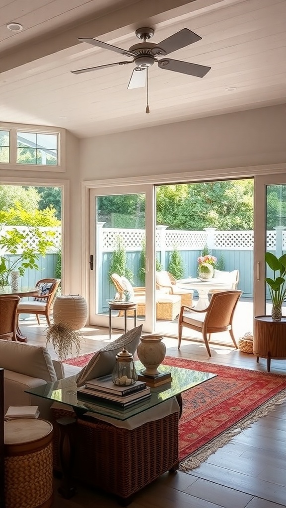 A bright living room with large windows leading to an outdoor seating area.