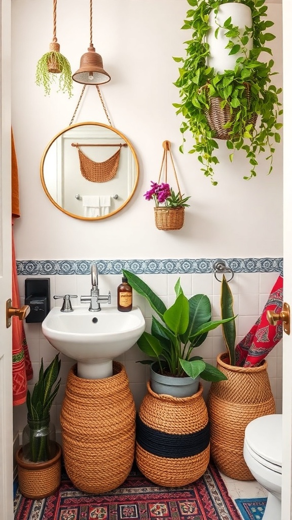 A bohemian chic bathroom featuring woven baskets, plants, and a round mirror.