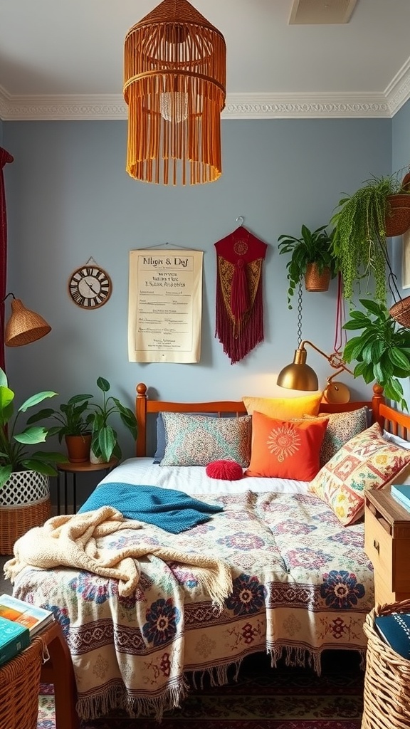 A cozy bohemian chic bedroom with colorful cushions, plants, and a warm blanket.