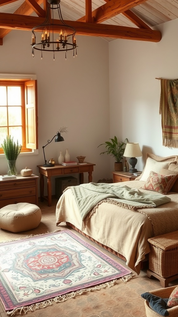 A cozy bedroom featuring rustic wooden beams, soft textiles, and a colorful patterned rug.