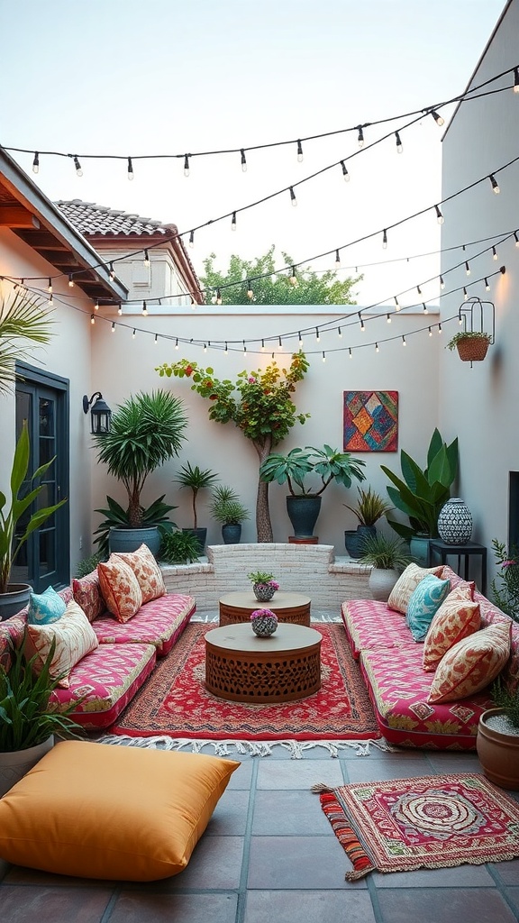 A stylish courtyard lounge with colorful floor cushions, plants, and string lights.
