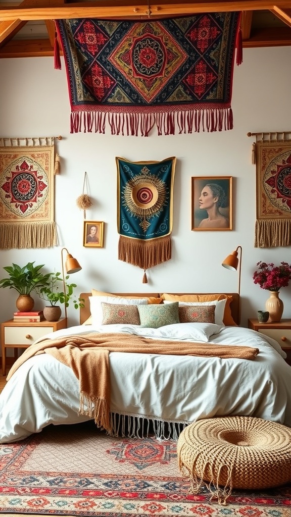 A bohemian styled bedroom featuring colorful wall art, tapestries, and a cozy bed.