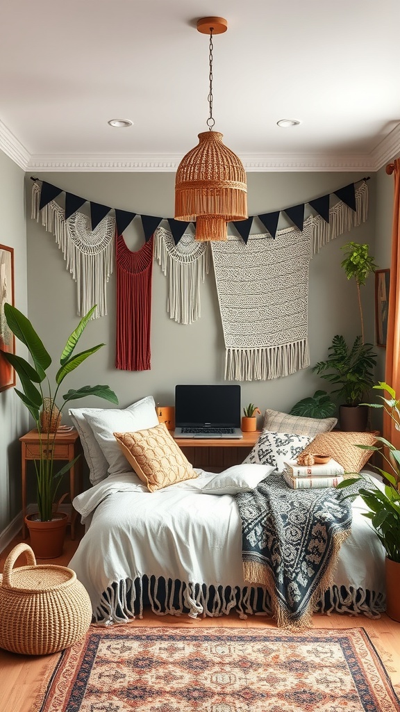 A cozy boho chic workspace corner featuring a bed, laptop, and decorative elements.