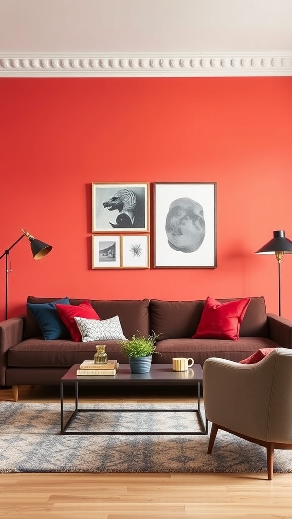 Living room with a bold red accent wall, brown sofa, and stylish decor.