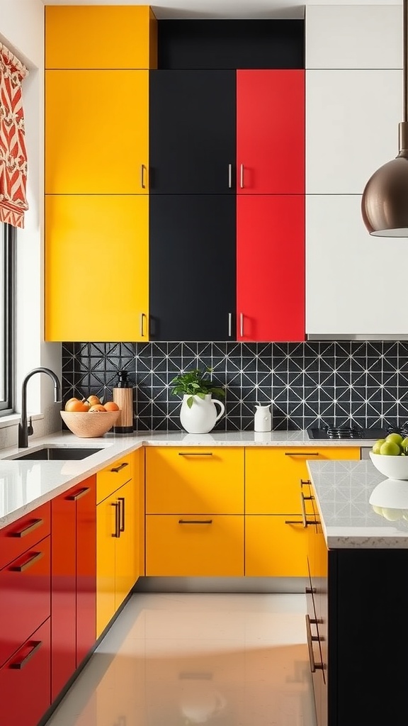 A vibrant kitchen featuring bold pink and blue color-blocked cabinets.