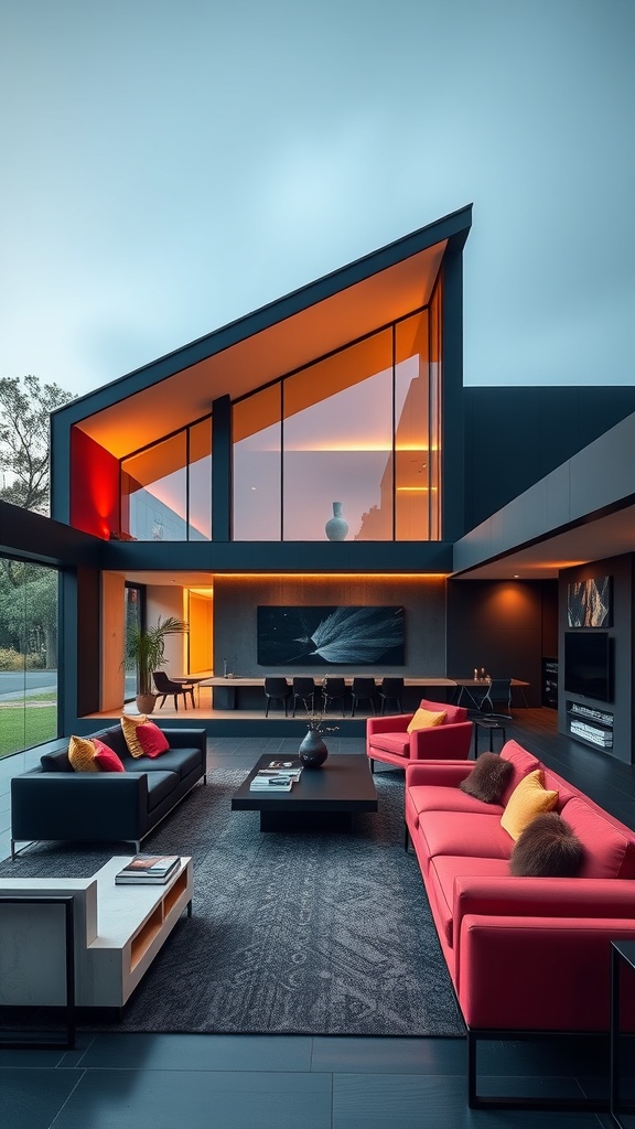 A modern living room featuring bold geometric shapes with large windows and vibrant furniture.